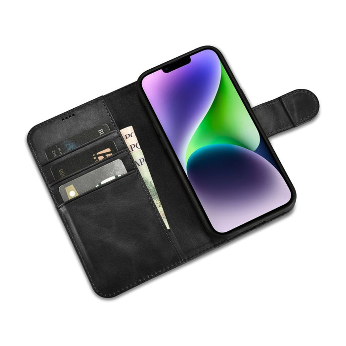 Флип Кейс 2в1 от естествена кожа тип "портфейл" iCarer Oil Wax за iPhone 14, Анти-RFID, Черен (WMI14220721-BK)