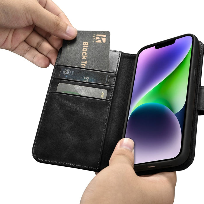 Флип Кейс 2в1 от естествена кожа тип "портфейл" iCarer Oil Wax за iPhone 14, Анти-RFID, Черен (WMI14220721-BK)