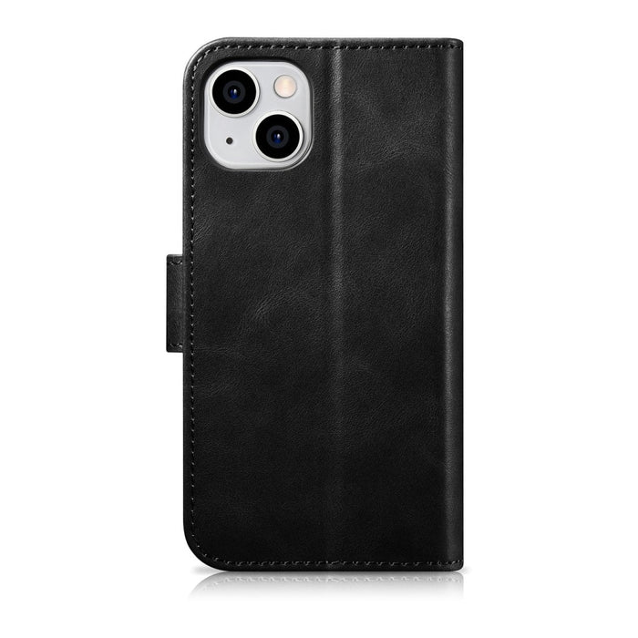 Флип Кейс 2в1 от естествена кожа тип "портфейл" iCarer Oil Wax за iPhone 14, Анти-RFID, Черен (WMI14220721-BK)