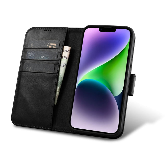 Флип Кейс 2в1 от естествена кожа тип "портфейл" iCarer Oil Wax за iPhone 14, Анти-RFID, Черен (WMI14220721-BK)