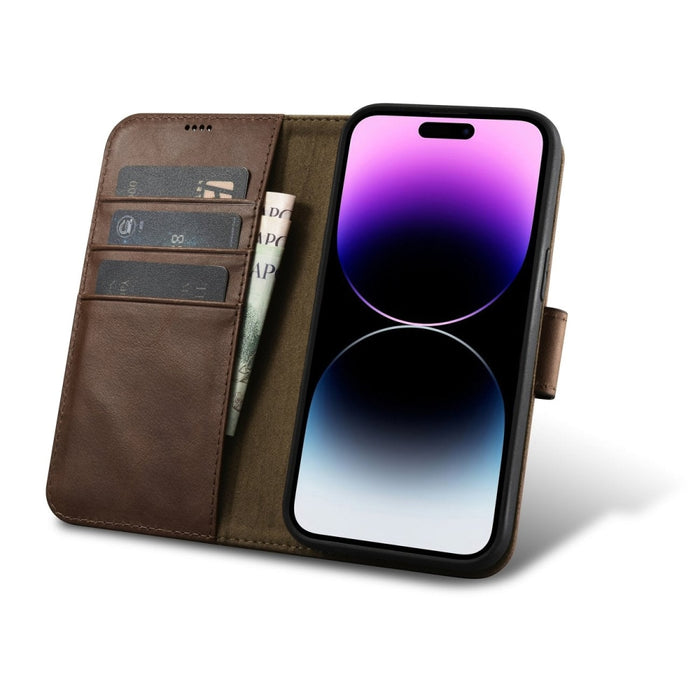 Флип Кейс 2в1 от естествена кожа тип "портфейл" iCarer Oil Wax за 14 Pro, Анти-RFID, Кафяв (WMI14220722-BN)