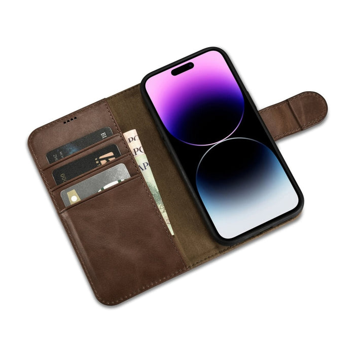 Флип Кейс 2в1 от естествена кожа тип "портфейл" iCarer Oil Wax за 14 Pro, Анти-RFID, Кафяв (WMI14220722-BN)