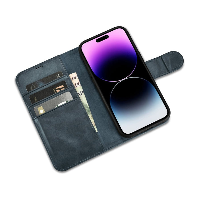 Флип Кейс 2в1 от естествена кожа тип "портфейл" iCarer Oil Wax за 14 Pro, Анти-RFID, Син (WMI14220722-BU)