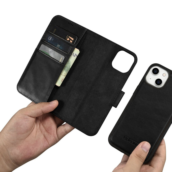 Флип Кейс 2в1 от естествена кожа тип "портфейл" iCarer Oil Wax за iPhone 14 Plus, Анти-RFID, Черен (WMI14220723-BK)