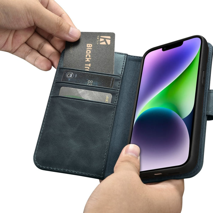 Флип Кейс 2в1 от естествена кожа тип "портфейл" iCarer Oil Wax за iPhone 14 Plus, Анти-RFID, Син (WMI14220723-BU)