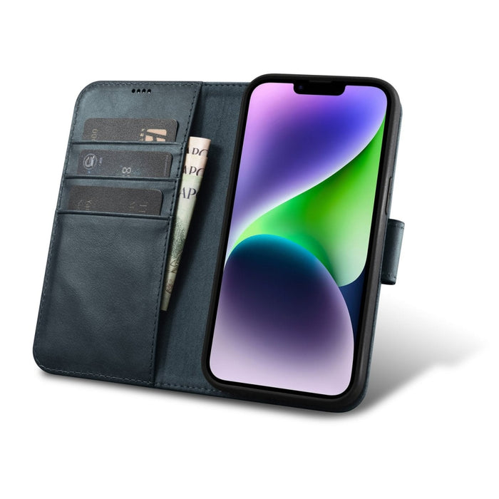 Флип Кейс 2в1 от естествена кожа тип "портфейл" iCarer Oil Wax за iPhone 14 Plus, Анти-RFID, Син (WMI14220723-BU)