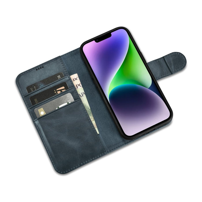 Флип Кейс 2в1 от естествена кожа тип "портфейл" iCarer Oil Wax за iPhone 14 Plus, Анти-RFID, Син (WMI14220723-BU)