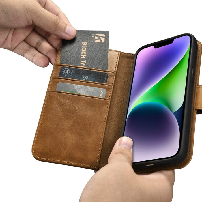 Флип Кейс 2в1 от естествена кожа тип "портфейл" iCarer Oil Wax за iPhone 14 Plus, Анти-RFID, Кафяв (WMI14220723-TN)