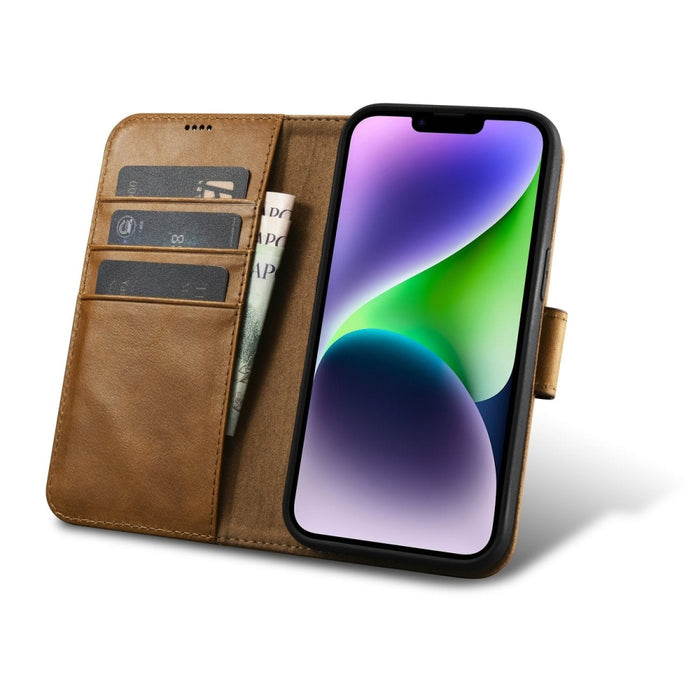Флип Кейс 2в1 от естествена кожа тип "портфейл" iCarer Oil Wax за iPhone 14 Plus, Анти-RFID, Кафяв (WMI14220723-TN)