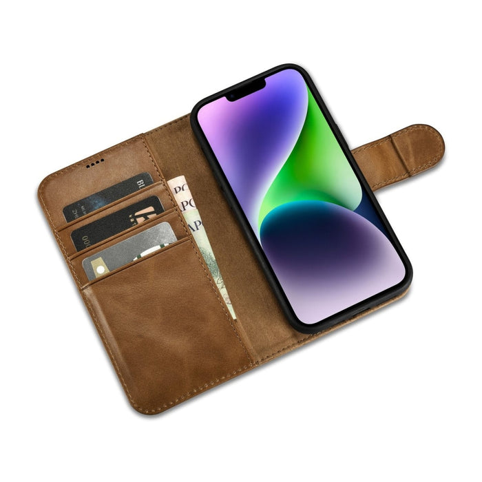 Флип Кейс 2в1 от естествена кожа тип "портфейл" iCarer Oil Wax за iPhone 14 Plus, Анти-RFID, Кафяв (WMI14220723-TN)