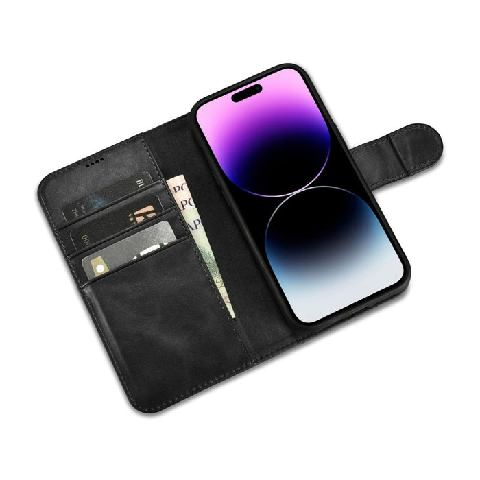 Флип Кейс 2в1 от естествена кожа тип "портфейл" iCarer Oil Wax за 14 Pro Max, Анти-RFID, Черен (WMI14220724-BK)