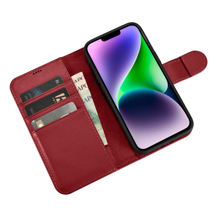 Флип кейс 2в1 от естествена кожа iCarer Wallet Case за iPhone 14, Anti-RFID, червен, (WMI14220725-RD)