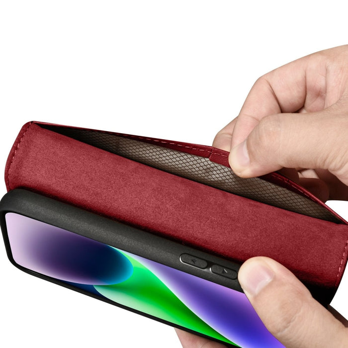 Флип кейс 2в1 от естествена кожа iCarer Wallet Case за iPhone 14, Anti-RFID, червен, (WMI14220725-RD)
