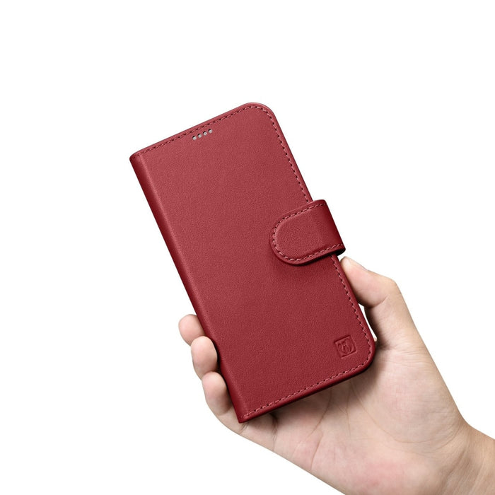 Флип кейс 2в1 от естествена кожа iCarer Wallet Case за iPhone 14, Anti-RFID, червен, (WMI14220725-RD)