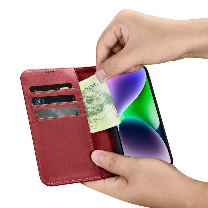 Флип кейс 2в1 от естествена кожа iCarer Wallet Case за iPhone 14, Anti-RFID, червен, (WMI14220725-RD)