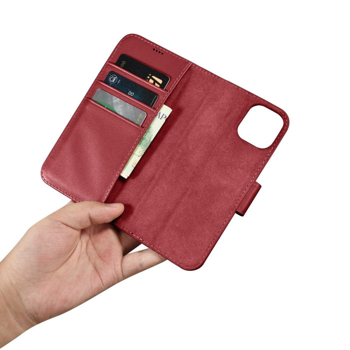 Флип кейс 2в1 от естествена кожа iCarer Wallet Case за iPhone 14, Anti-RFID, червен, (WMI14220725-RD)