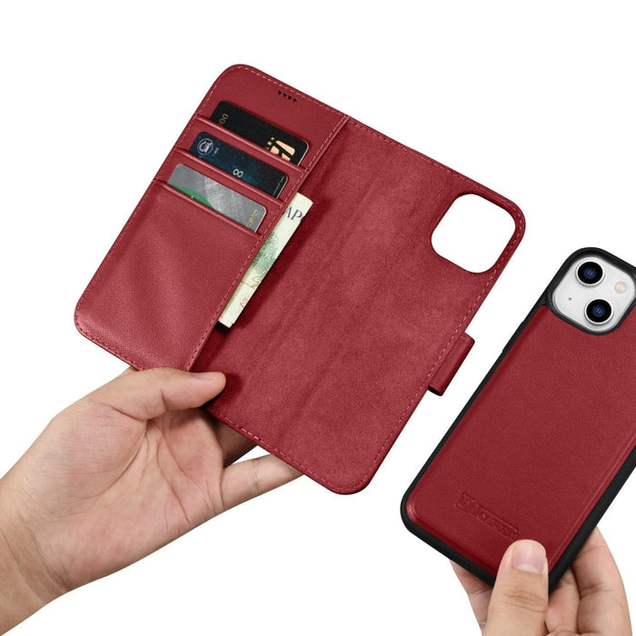 Флип кейс 2в1 от естествена кожа iCarer Wallet Case за iPhone 14, Anti-RFID, червен, (WMI14220725-RD)