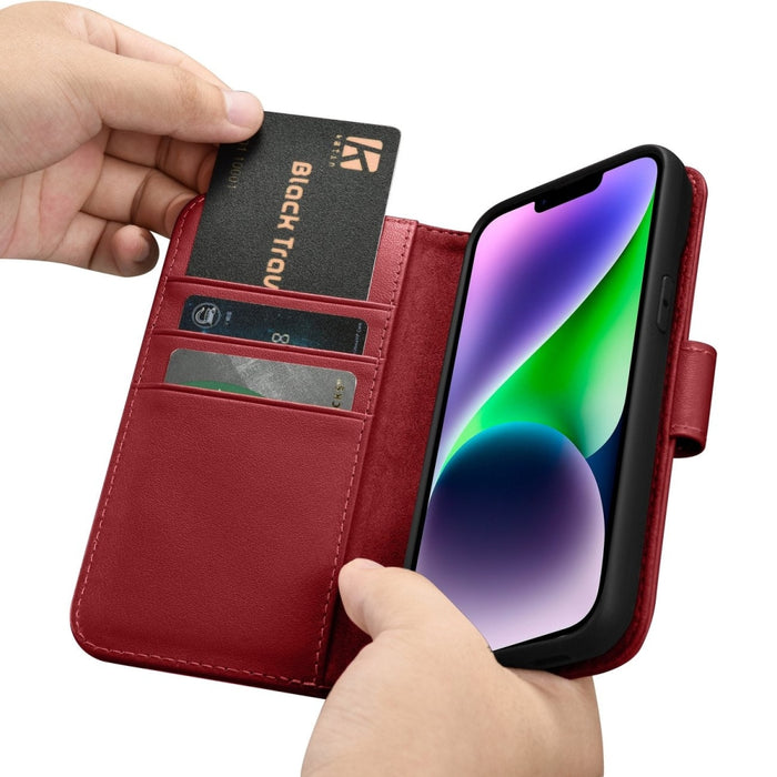 Флип кейс 2в1 от естествена кожа iCarer Wallet Case за iPhone 14, Anti-RFID, червен, (WMI14220725-RD)