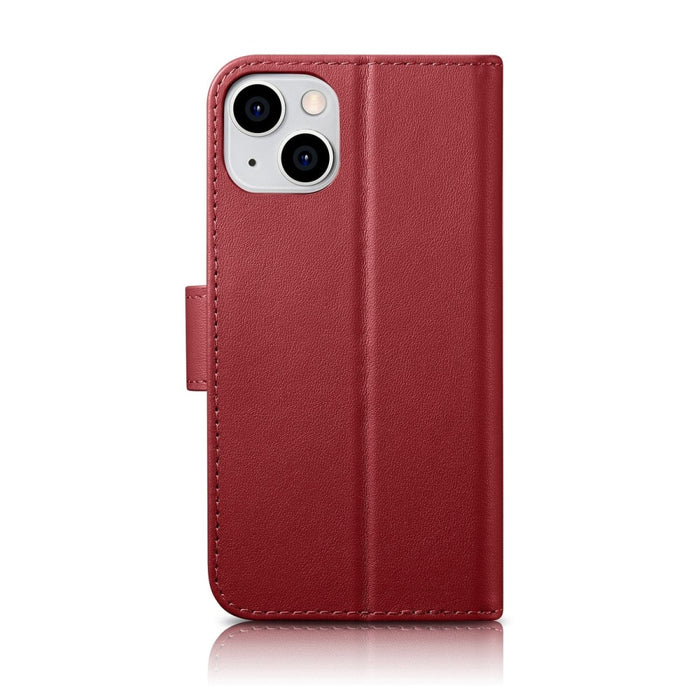 Флип кейс 2в1 от естествена кожа iCarer Wallet Case за iPhone 14, Anti-RFID, червен, (WMI14220725-RD)