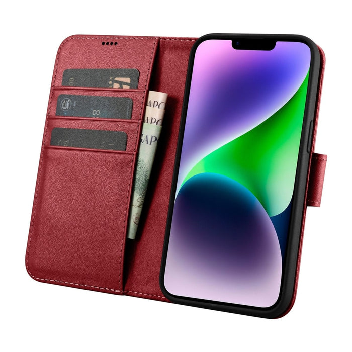 Флип кейс 2в1 от естествена кожа iCarer Wallet Case за iPhone 14, Anti-RFID, червен, (WMI14220725-RD)