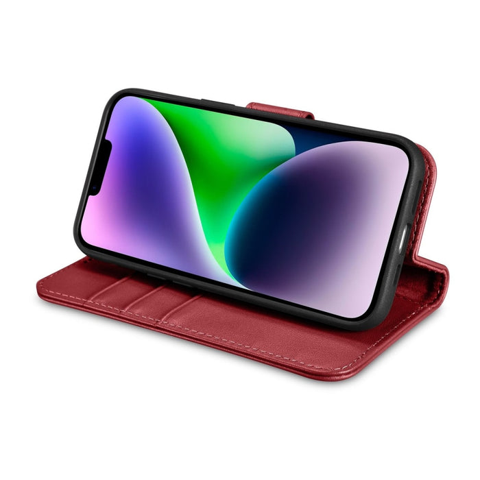 Флип кейс 2в1 от естествена кожа iCarer Wallet Case за iPhone 14, Anti-RFID, червен, (WMI14220725-RD)