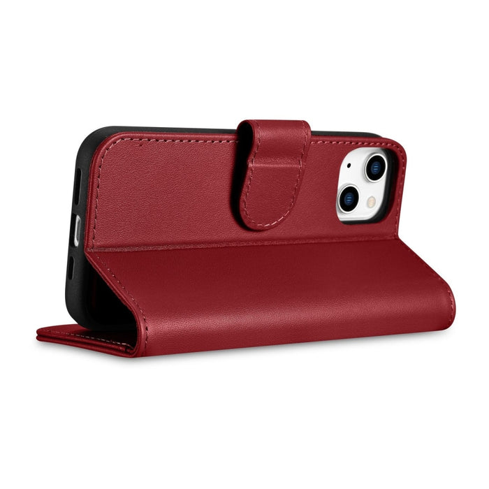 Флип кейс 2в1 от естествена кожа iCarer Wallet Case за iPhone 14, Anti-RFID, червен, (WMI14220725-RD)