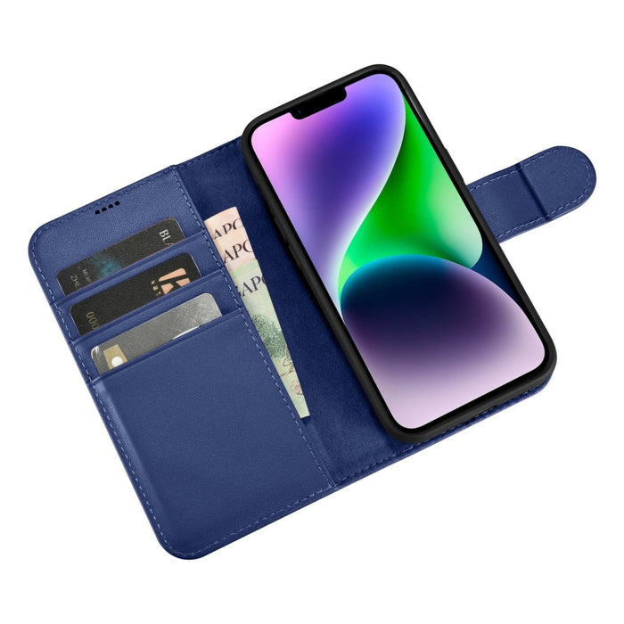 Флип кейс 2в1 от естествена кожа iCarer Wallet Case за iPhone 14, Anti-RFID, син, (WMI14220725-BU)