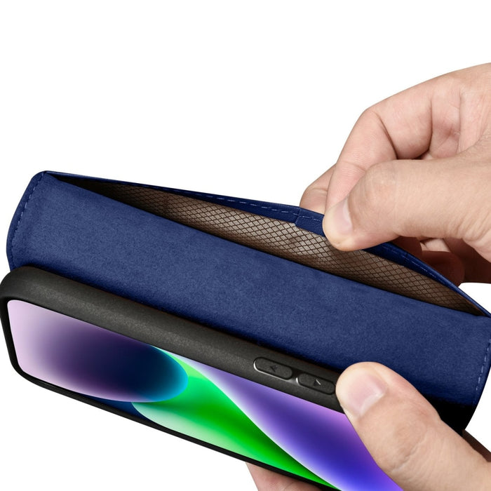 Флип кейс 2в1 от естествена кожа iCarer Wallet Case за iPhone 14, Anti-RFID, син, (WMI14220725-BU)