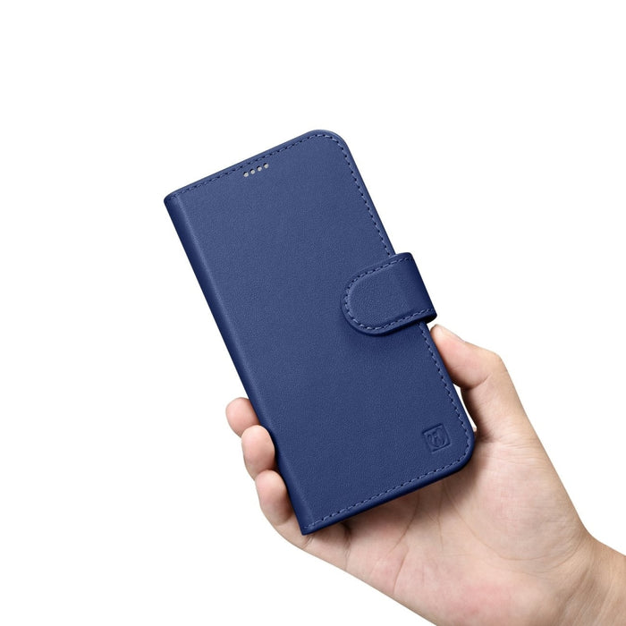 Флип кейс 2в1 от естествена кожа iCarer Wallet Case за iPhone 14, Anti-RFID, син, (WMI14220725-BU)