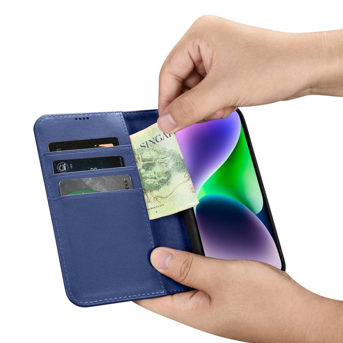 Флип кейс 2в1 от естествена кожа iCarer Wallet Case за iPhone 14, Anti-RFID, син, (WMI14220725-BU)