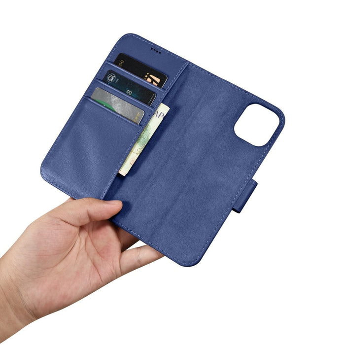 Флип кейс 2в1 от естествена кожа iCarer Wallet Case за iPhone 14, Anti-RFID, син, (WMI14220725-BU)