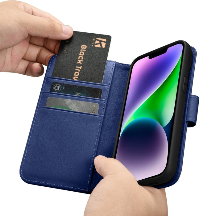 Флип кейс 2в1 от естествена кожа iCarer Wallet Case за iPhone 14, Anti-RFID, син, (WMI14220725-BU)