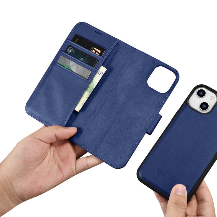 Флип кейс 2в1 от естествена кожа iCarer Wallet Case за iPhone 14, Anti-RFID, син, (WMI14220725-BU)