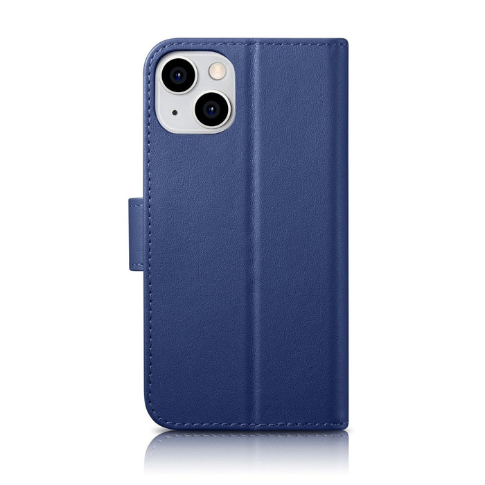 Флип кейс 2в1 от естествена кожа iCarer Wallet Case за iPhone 14, Anti-RFID, син, (WMI14220725-BU)