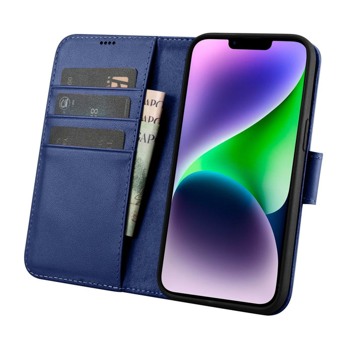 Флип кейс 2в1 от естествена кожа iCarer Wallet Case за iPhone 14, Anti-RFID, син, (WMI14220725-BU)