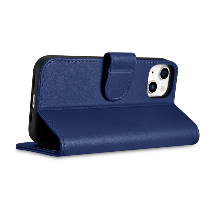 Флип кейс 2в1 от естествена кожа iCarer Wallet Case за iPhone 14, Anti-RFID, син, (WMI14220725-BU)