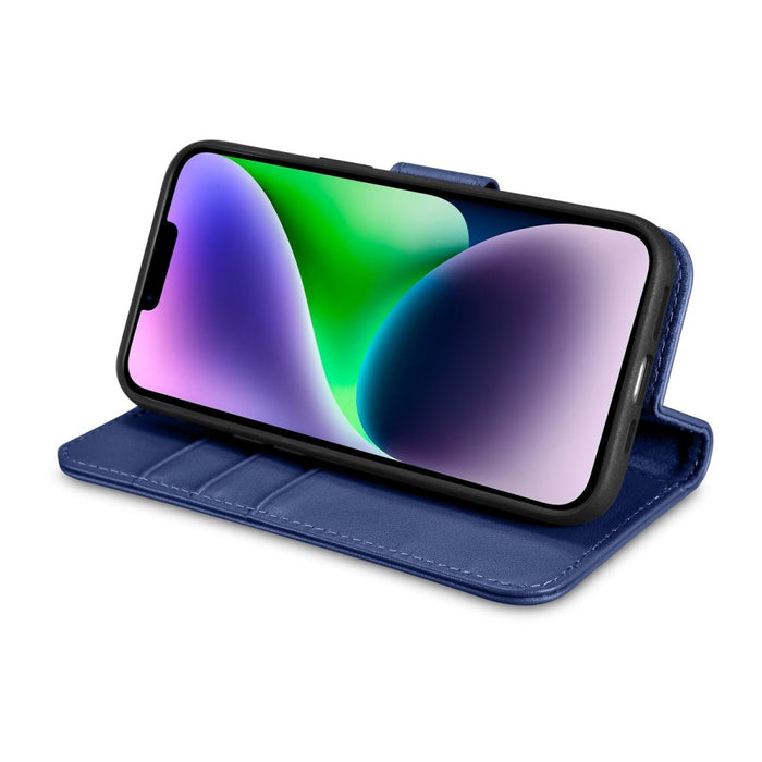 Флип кейс 2в1 от естествена кожа iCarer Wallet Case за iPhone 14, Anti-RFID, син, (WMI14220725-BU)