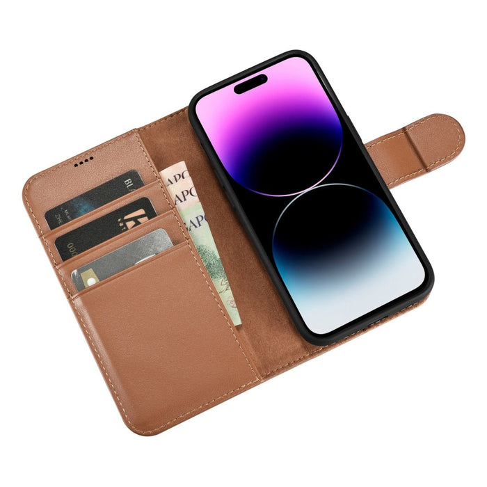 Флип кейс 2в1 от естествена кожа iCarer Wallet Case за iPhone 14 Pro, Anti-RFID, кафяв, (WMI14220726-BN)