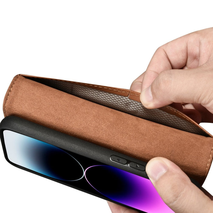 Флип кейс 2в1 от естествена кожа iCarer Wallet Case за iPhone 14 Pro, Anti-RFID, кафяв, (WMI14220726-BN)