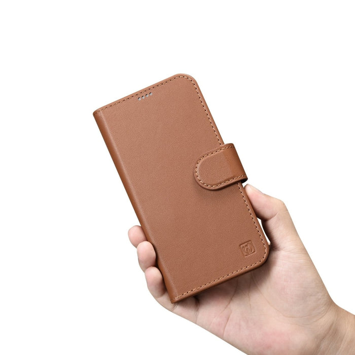 Флип кейс 2в1 от естествена кожа iCarer Wallet Case за iPhone 14 Pro, Anti-RFID, кафяв, (WMI14220726-BN)