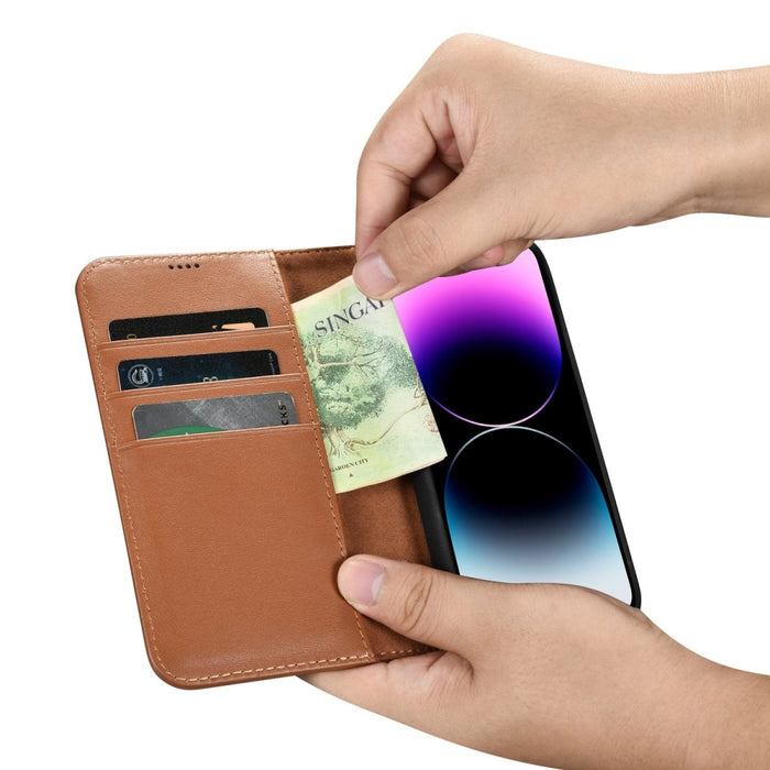 Флип кейс 2в1 от естествена кожа iCarer Wallet Case за iPhone 14 Pro, Anti-RFID, кафяв, (WMI14220726-BN)
