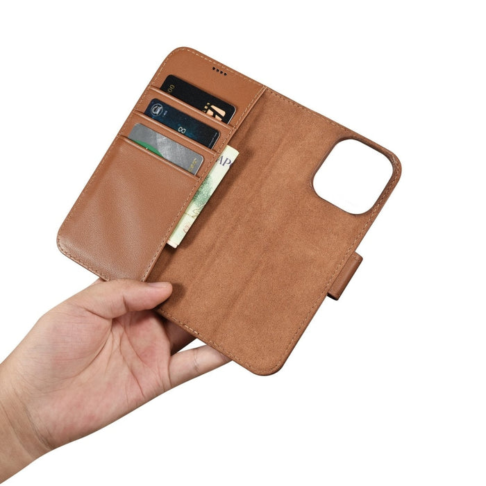 Флип кейс 2в1 от естествена кожа iCarer Wallet Case за iPhone 14 Pro, Anti-RFID, кафяв, (WMI14220726-BN)