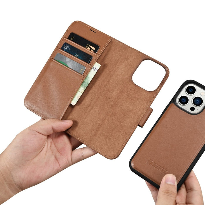 Флип кейс 2в1 от естествена кожа iCarer Wallet Case за iPhone 14 Pro, Anti-RFID, кафяв, (WMI14220726-BN)