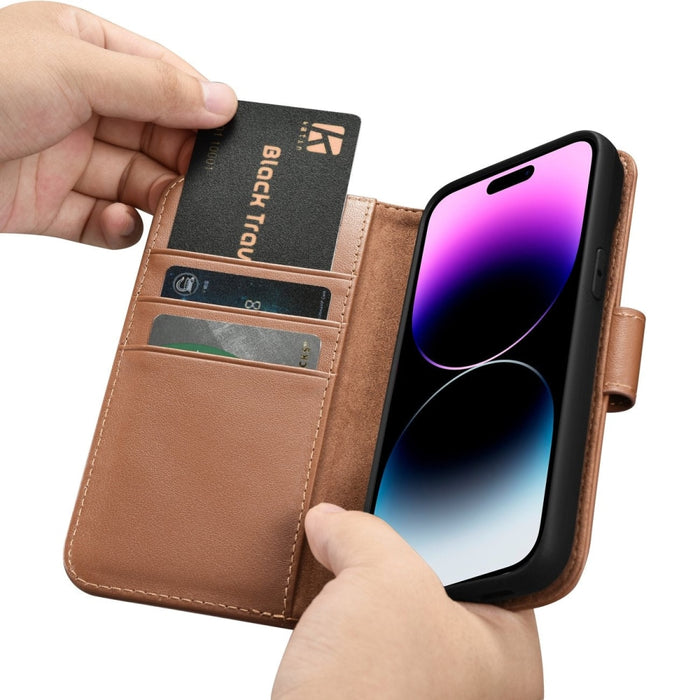 Флип кейс 2в1 от естествена кожа iCarer Wallet Case за iPhone 14 Pro, Anti-RFID, кафяв, (WMI14220726-BN)