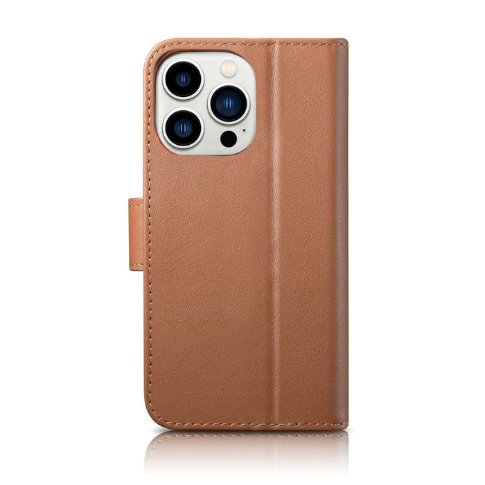 Флип кейс 2в1 от естествена кожа iCarer Wallet Case за iPhone 14 Pro, Anti-RFID, кафяв, (WMI14220726-BN)