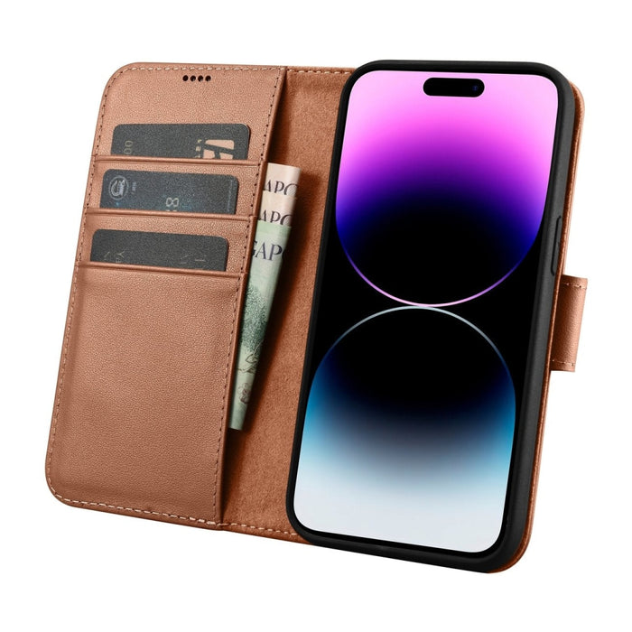 Флип кейс 2в1 от естествена кожа iCarer Wallet Case за iPhone 14 Pro, Anti-RFID, кафяв, (WMI14220726-BN)
