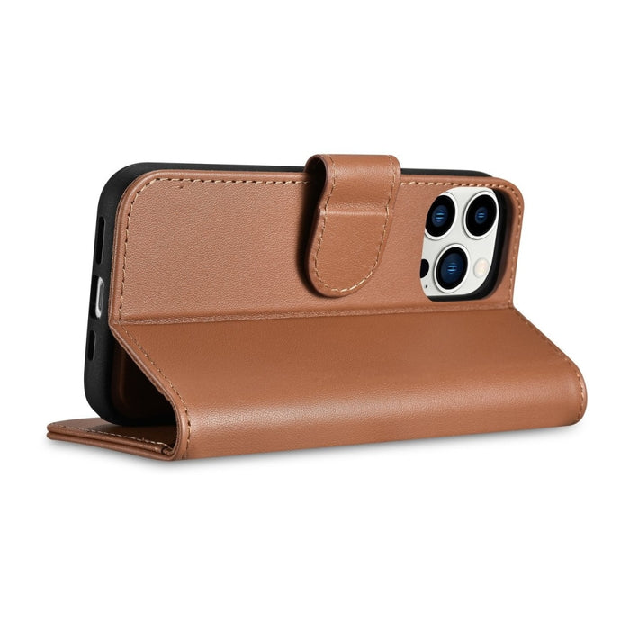 Флип кейс 2в1 от естествена кожа iCarer Wallet Case за iPhone 14 Pro, Anti-RFID, кафяв, (WMI14220726-BN)