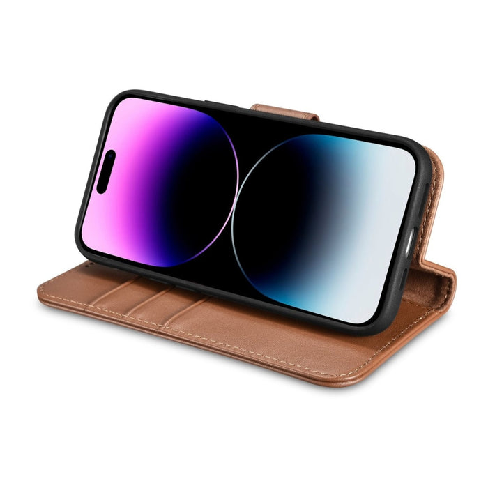 Флип кейс 2в1 от естествена кожа iCarer Wallet Case за iPhone 14 Pro, Anti-RFID, кафяв, (WMI14220726-BN)