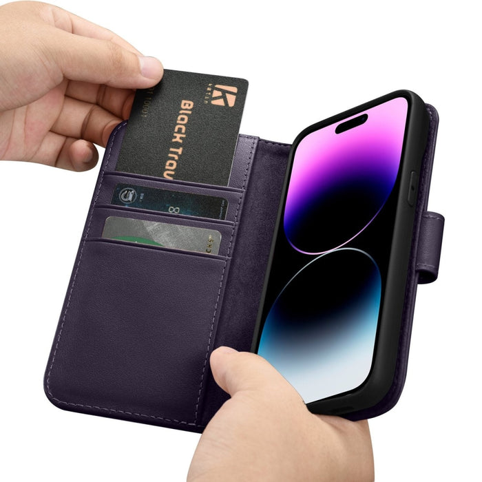 Флип кейс 2в1 от естествена кожа iCarer Wallet Case за iPhone 14 Pro, Anti-RFID, тъмнолилав, (WMI14220726-DP)
