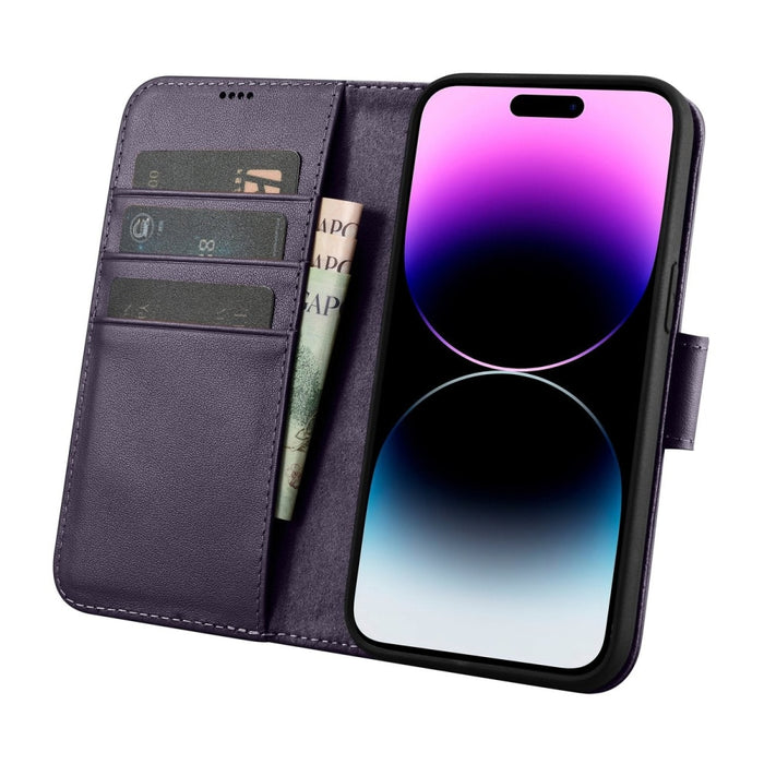 Флип кейс 2в1 от естествена кожа iCarer Wallet Case за iPhone 14 Pro, Anti-RFID, тъмнолилав, (WMI14220726-DP)